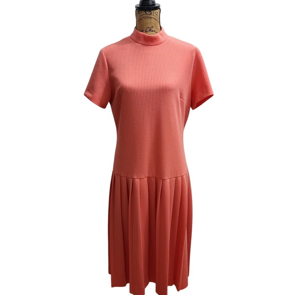 Bleecker Street Ribbed Knit Dress‎ Mock Neck Pleated Coral Midi 13 Vintage